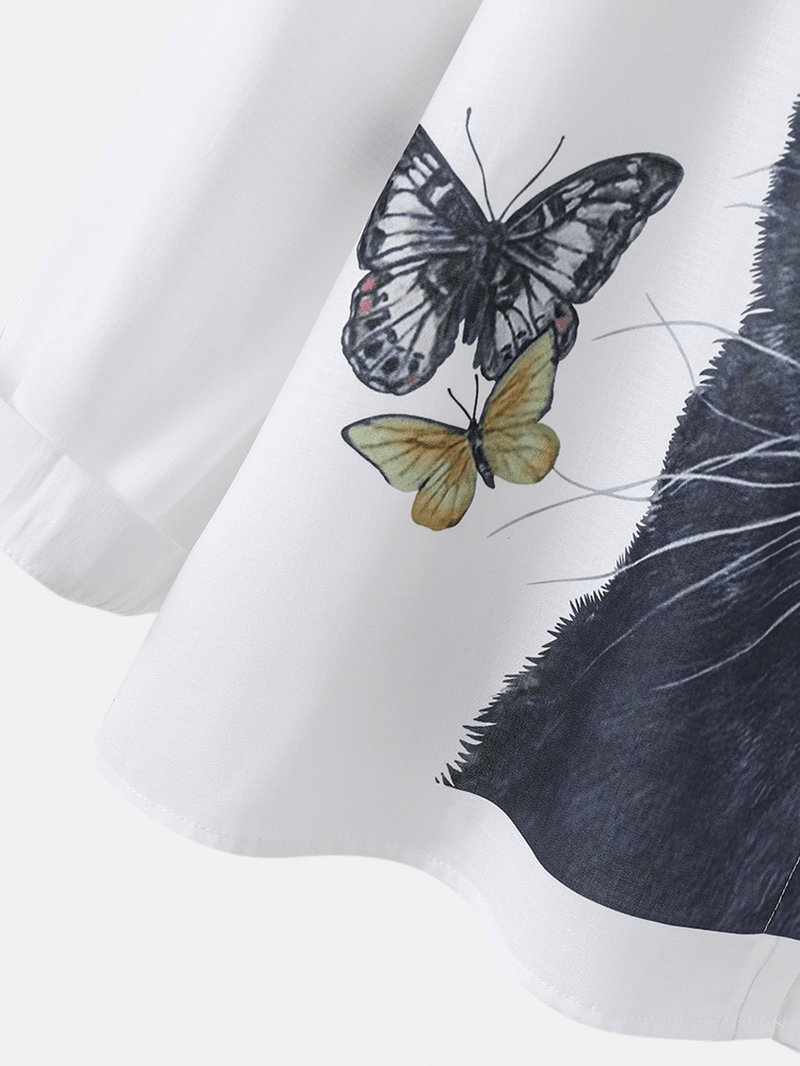 Women Cartoon Cat Butterfly Print Button up Lapel Casual Long Sleeve Shirts