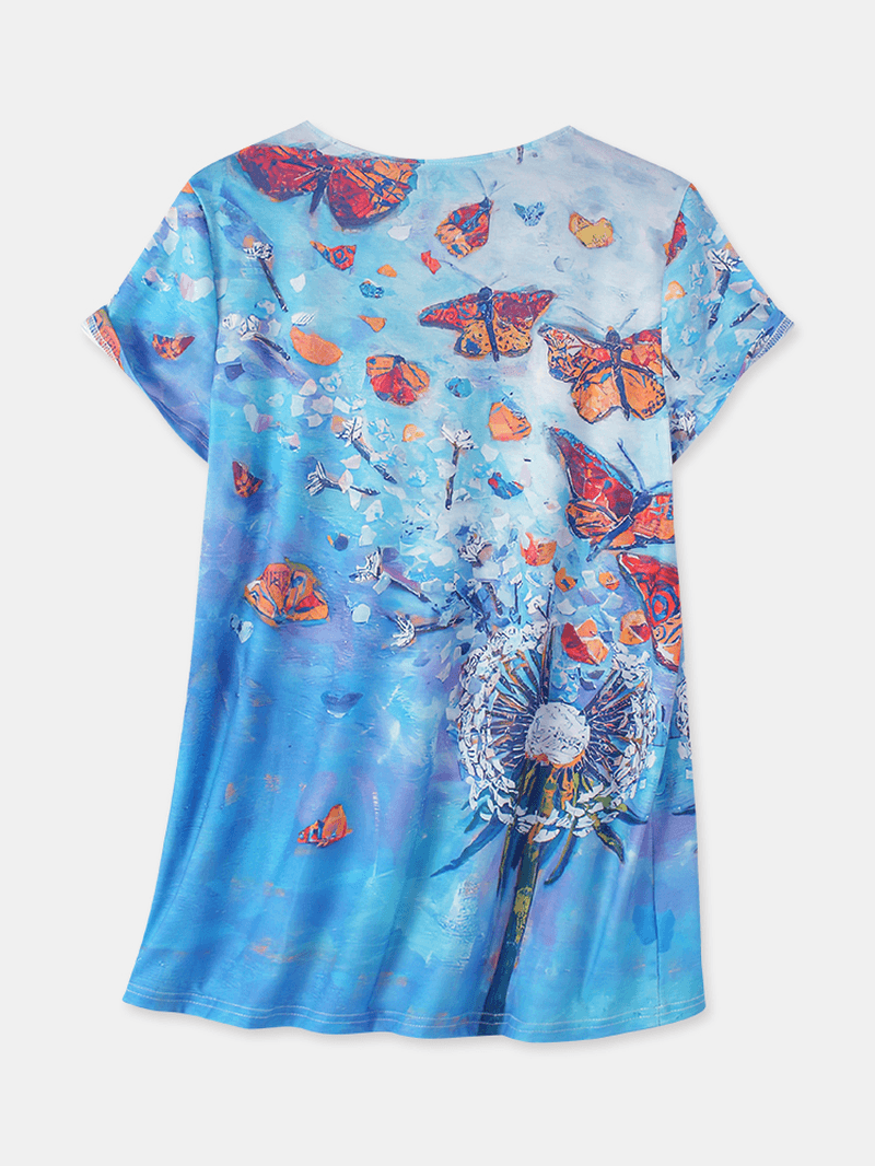 Women All over Butterfly Print V-Neck Casual Short Sleeve T-Shirts