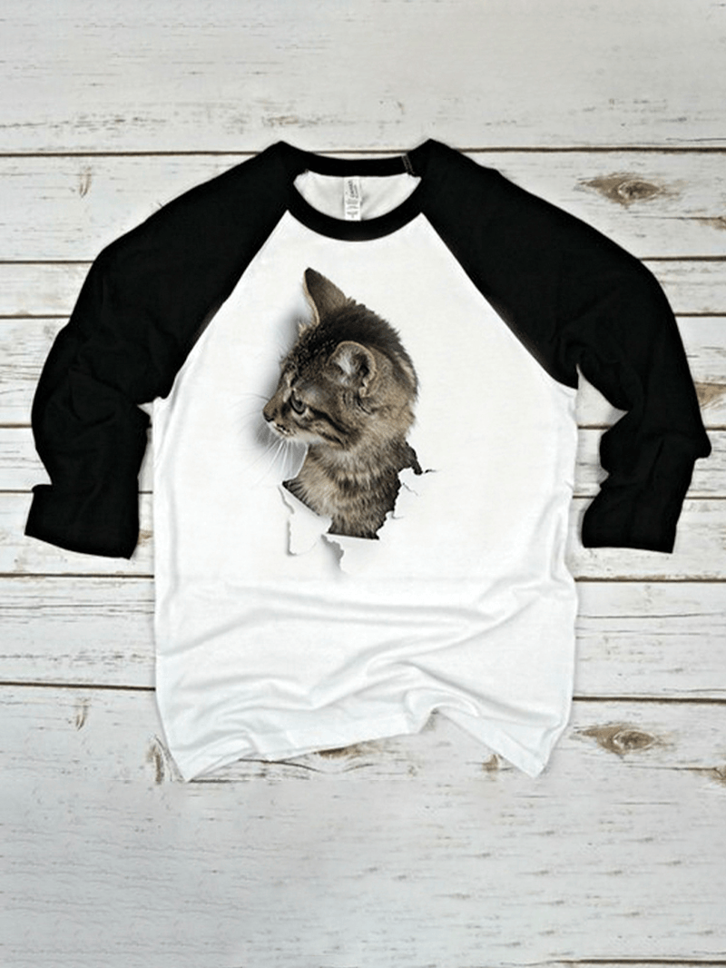 Women 3D Cat Patchwork Raglan Sleeve round Neck Casual T-Shirt