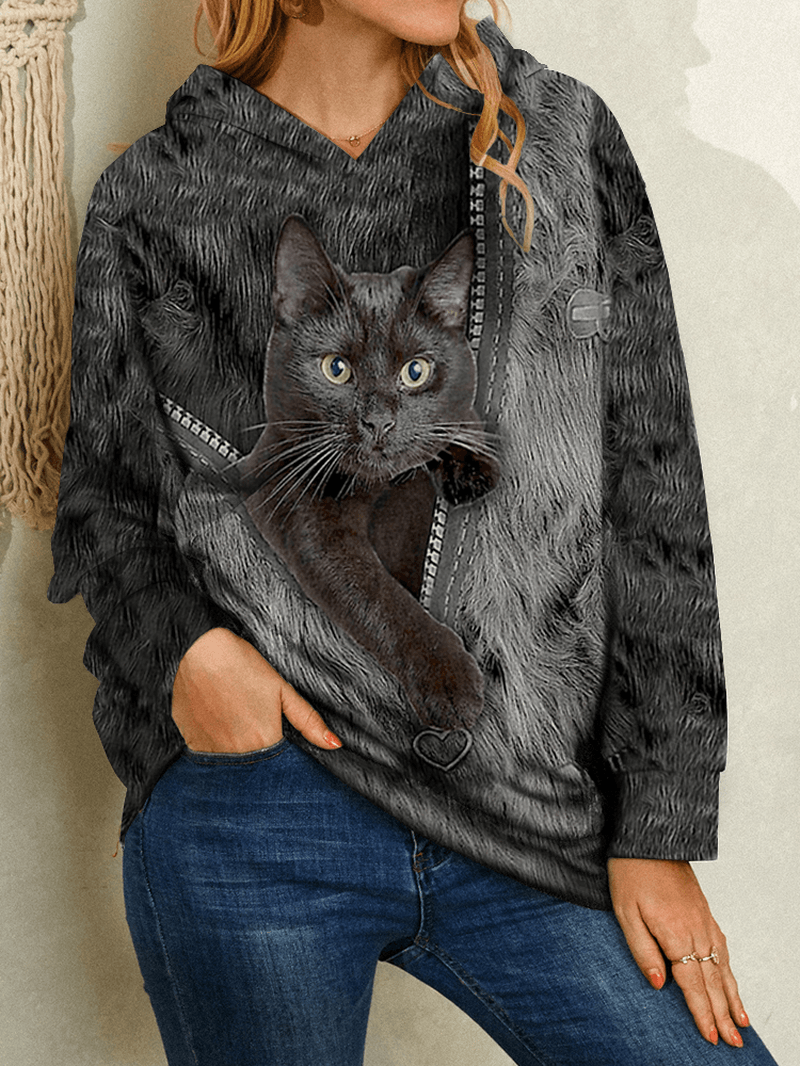 Women Cartoon Black Cat Print Long Sleeve Casual Hoodies