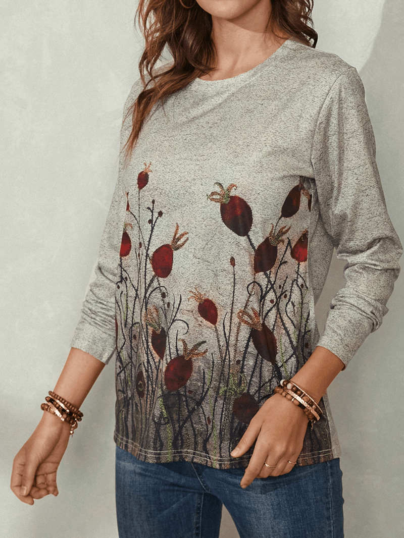 Women Abstract Plant Print Long Sleeve Casual Blouse