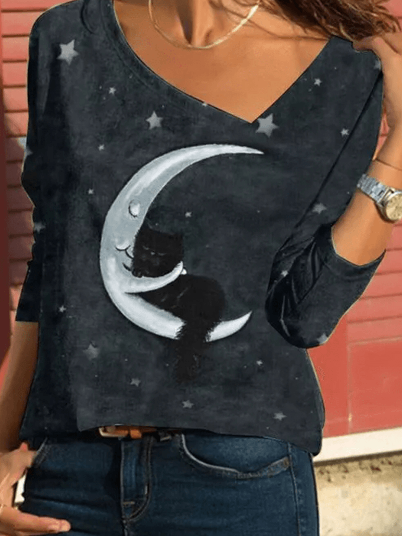 Women Cartoon Cat Starry Sky Print Asymmetrical Neck Casual Long Sleeve Blouses