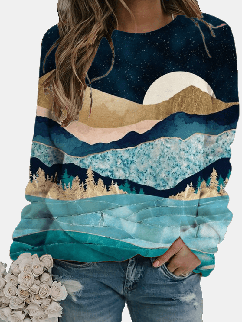 Women Casual Landscape Printed Colorful O-Neck Long Sleeve Blouse