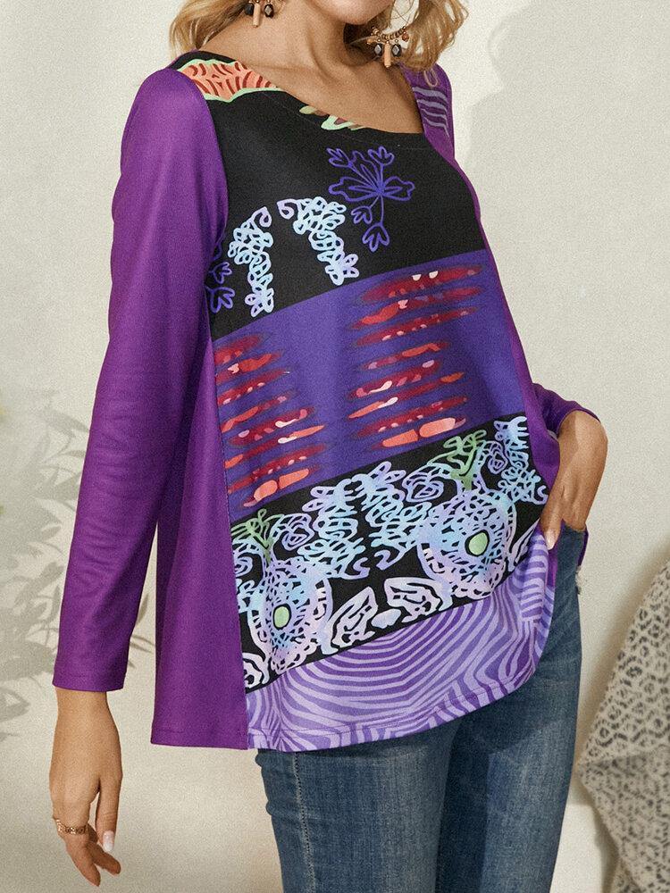 Women Abstract Print Asymmetrical Collar Long Sleeve Ethnic Style Blouse