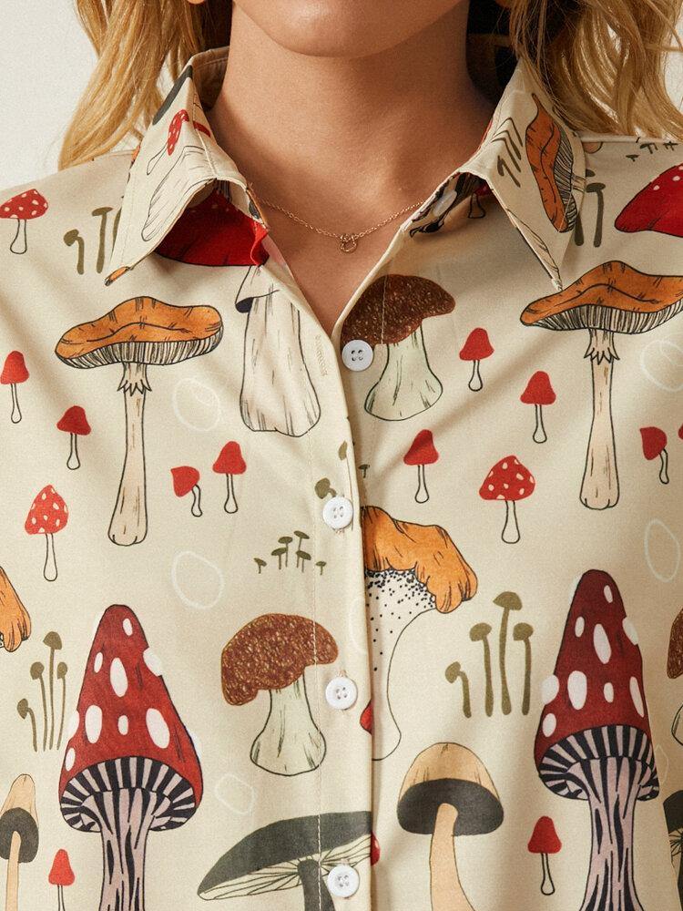 Stylish Casual Mushroom Print Lapel Collar Half Sleeve Button Blouse for Women