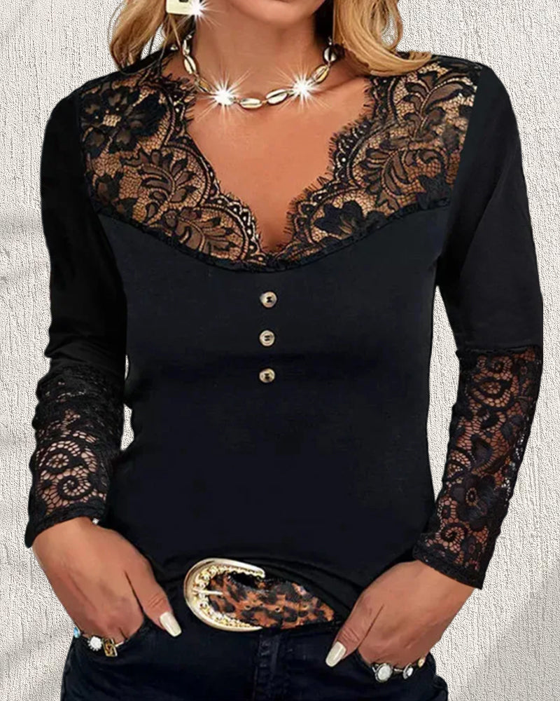 V-neck lace long-sleeve top