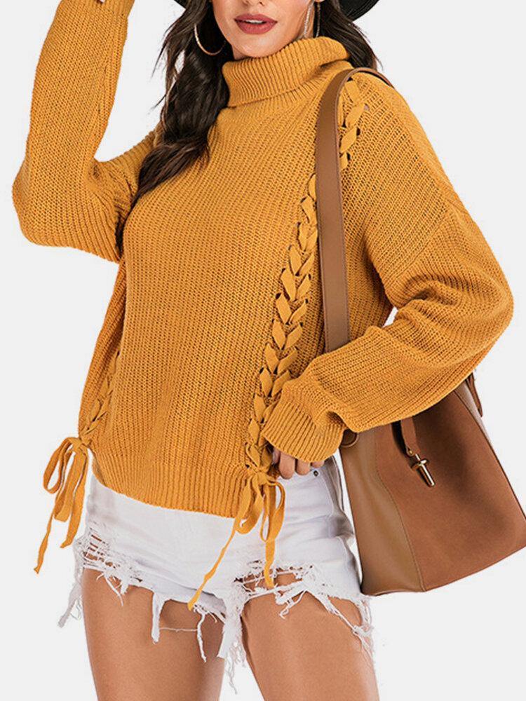 Women Bandage High Neck Pullover Warm Yellow Knitting Sweaters