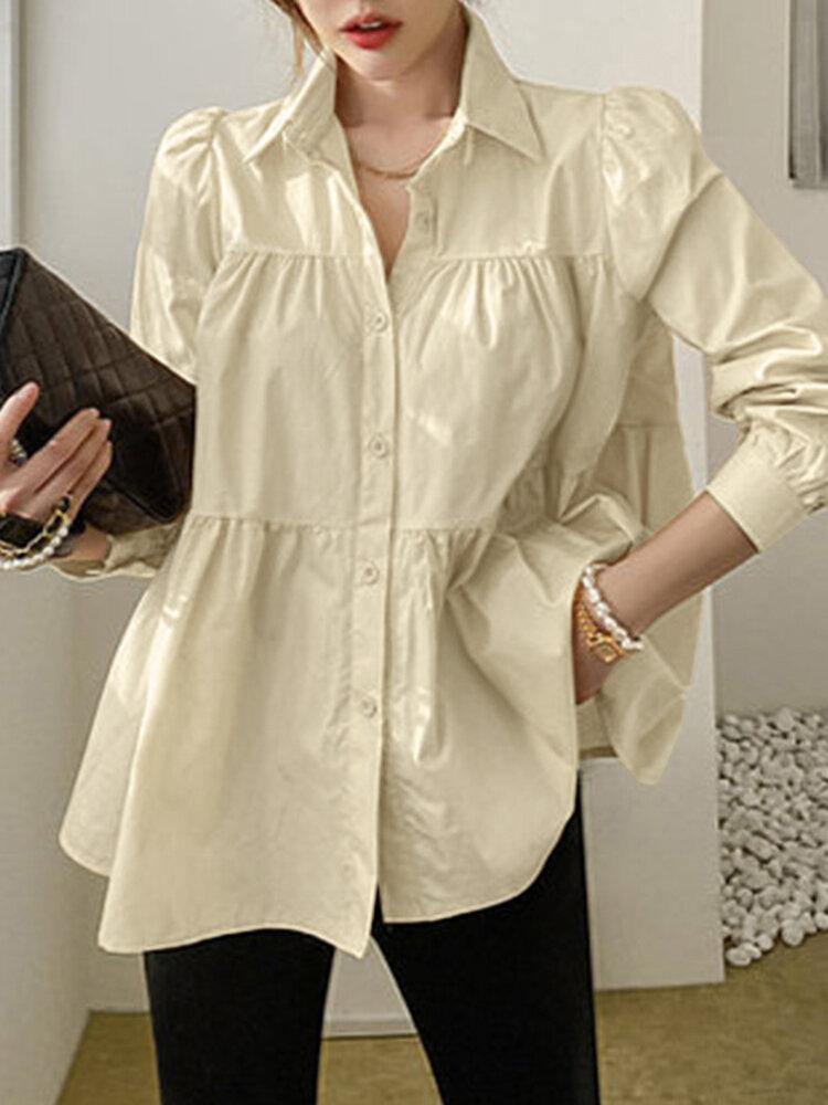 Woman Puff Sleeve Retro Solid Layered Blouse