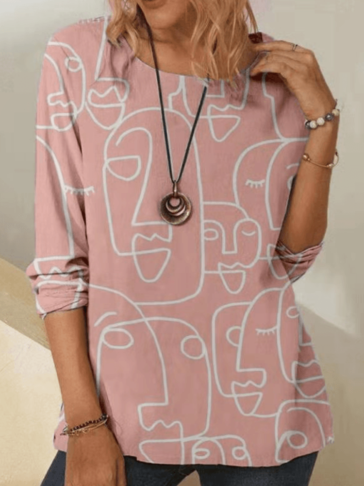 Women Abstract Portrait Print Round Neck Casual Long Sleeve Blouses