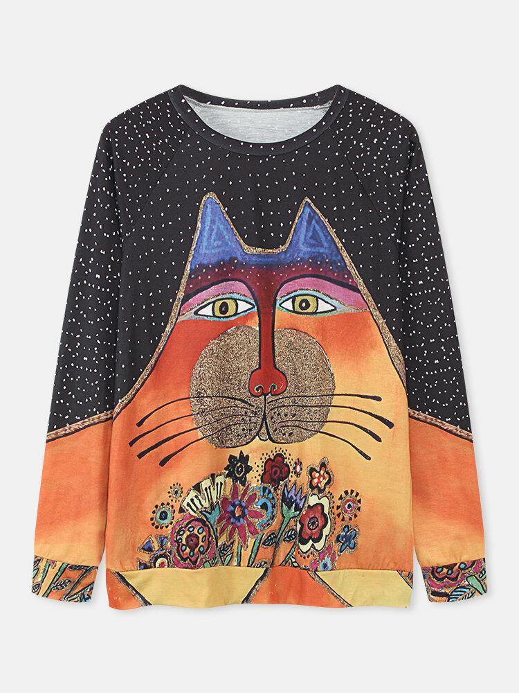 Women Cartoon Cat Spot Print Round Neck Casual Raglan Sleeve Blouses