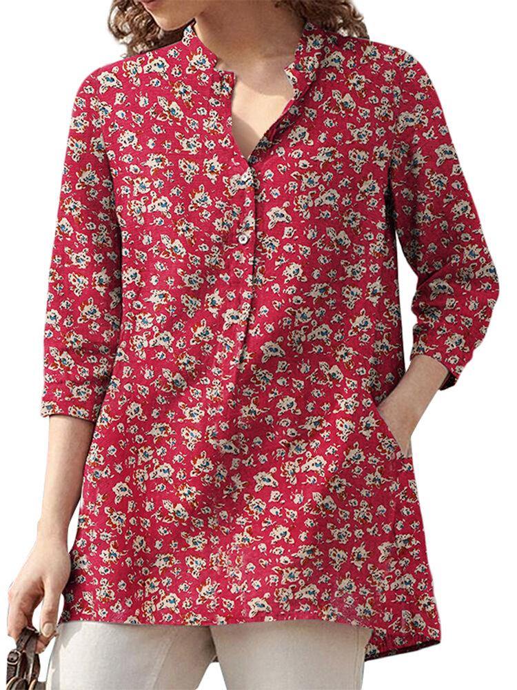 Women 100% Cotton Floral Leisure Bohemian Retro Style V-Neck Side Pockets Blouse