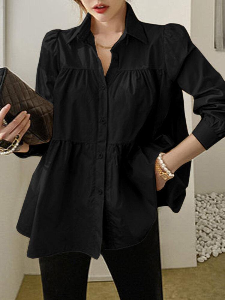 Woman Puff Sleeve Retro Solid Layered Blouse