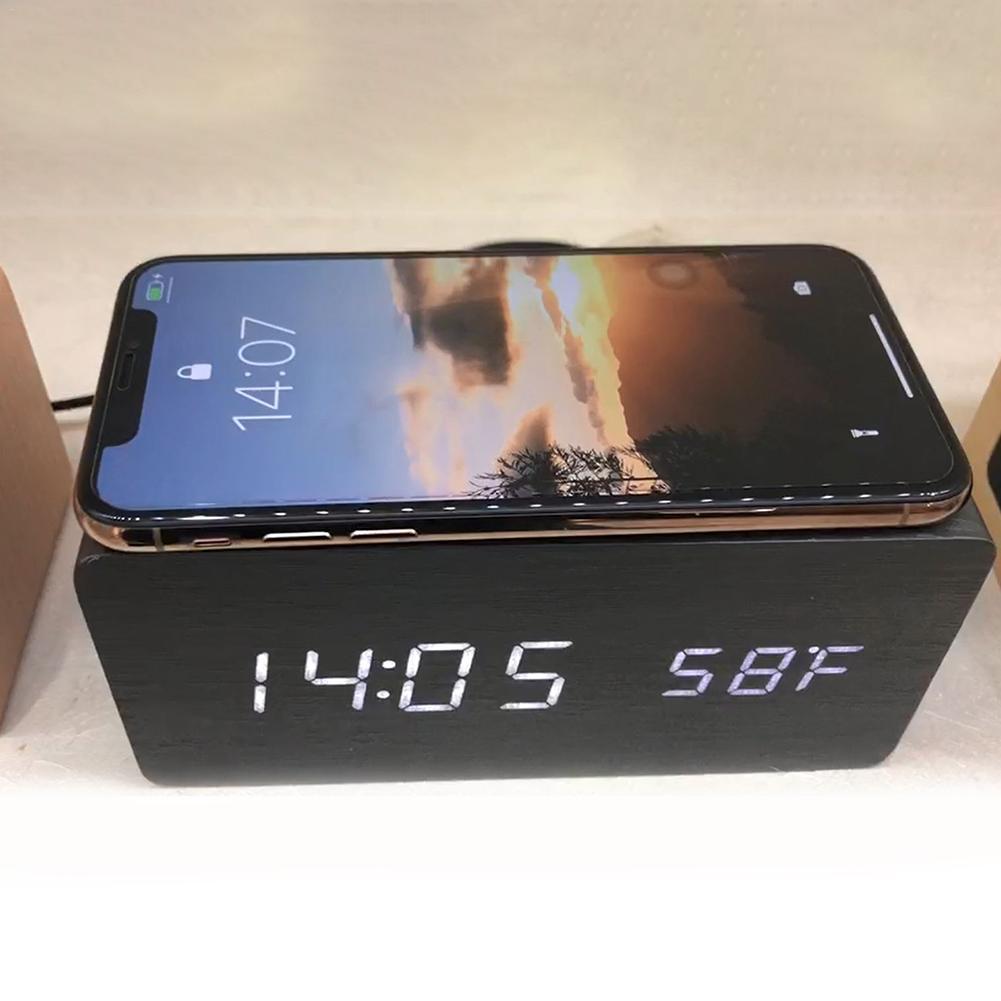 Wireless Charger Wooden Alarm Clock