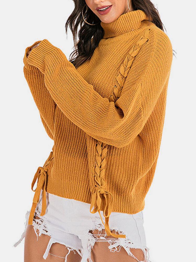 Women Bandage High Neck Pullover Warm Yellow Knitting Sweaters