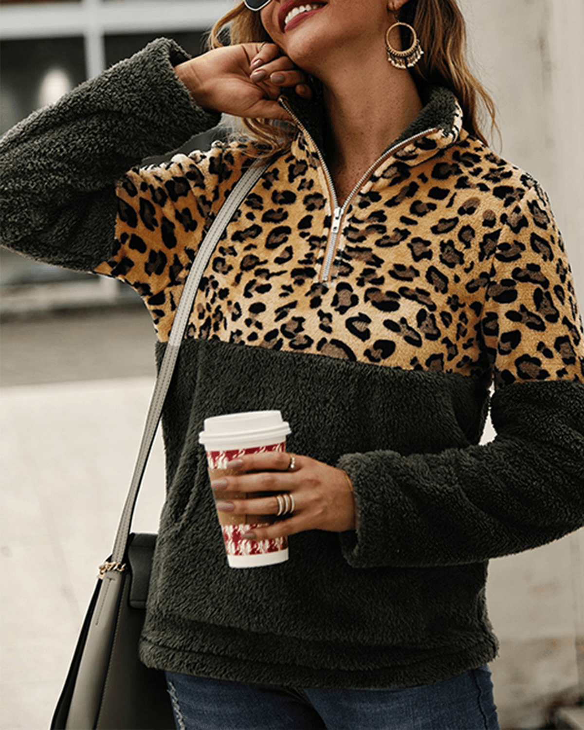 Lässiges Damen-Sweatshirt mit Leopardenmuster und Patchwork-Langarmpullover