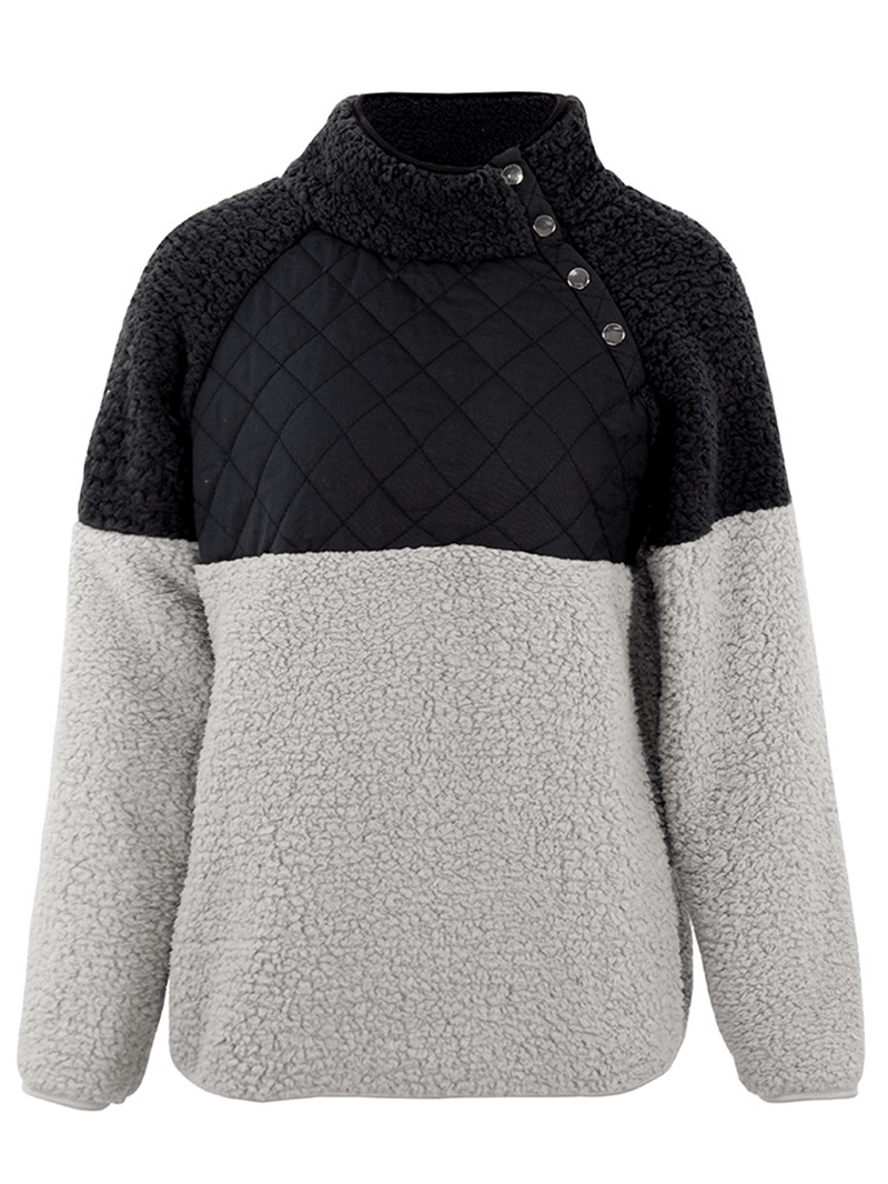 Lässiges Patchwork-Sweatshirt aus Fleece mit Knöpfen für Damen und hohem Kragen