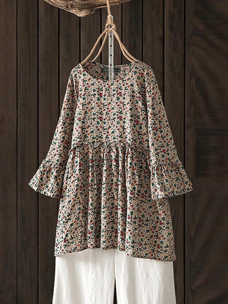 Women Casual Floral Printed O-Neck 3/4 Flare Sleeve Blouse