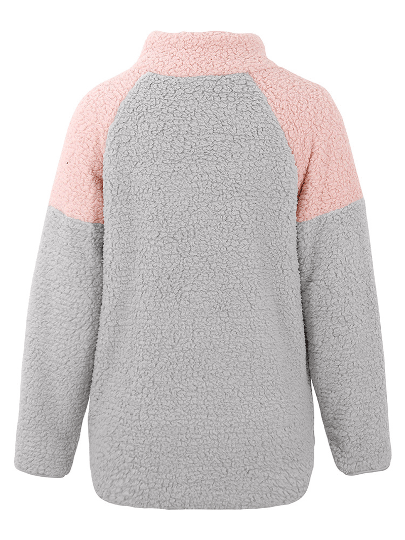 Women Casual Fleece Button High Collar Patchwork Sweatshirt