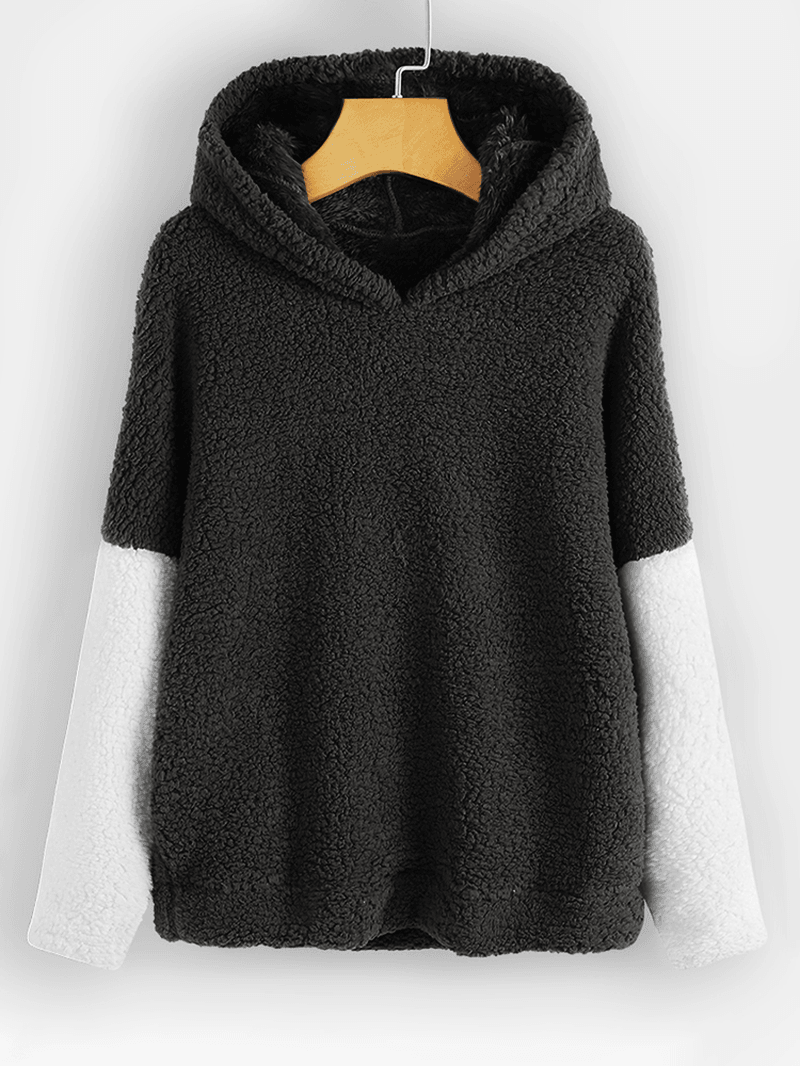 Lässiges Patchwork-Fleece-Sweatshirt mit Kapuze für Damen
