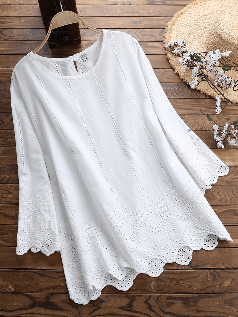 Women Casual Loose Solid Embroidered Blouse