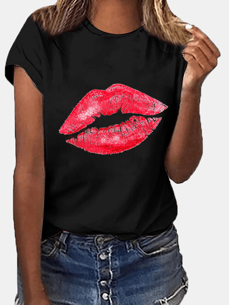 Lässige Damen-T-Shirts mit Rundhalsausschnitt und Lippendruck, kurzärmelig 